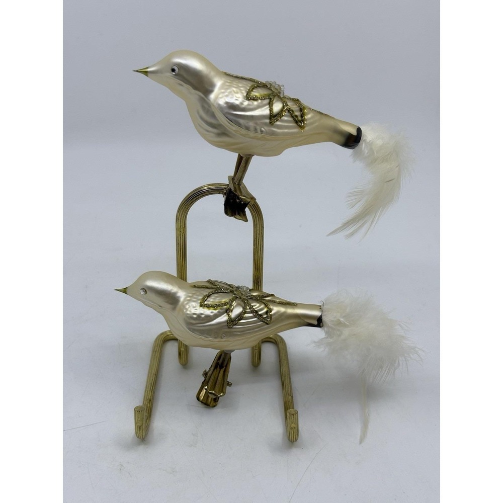 2 VTG Hand painted Mercury Glass Bird Figural Clip On Christmas Ornament Feather